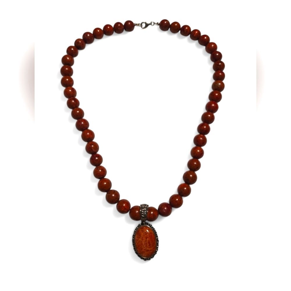 Red Jasper Beaded Sterling Silver Pendant Clasp Vintage  Necklace